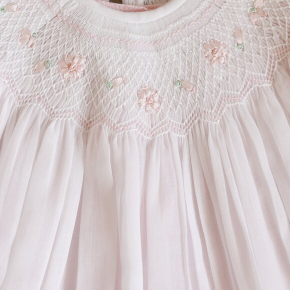 Smocked Dress Long Sleeve Bishop White Pink Embroidery Will'beth 18/24 Months - Picture 3 of 7